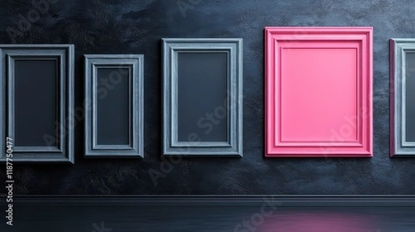 Fototapeta Pink Picture Frame Stands Out Among Grey Frames on a Dark Wall
