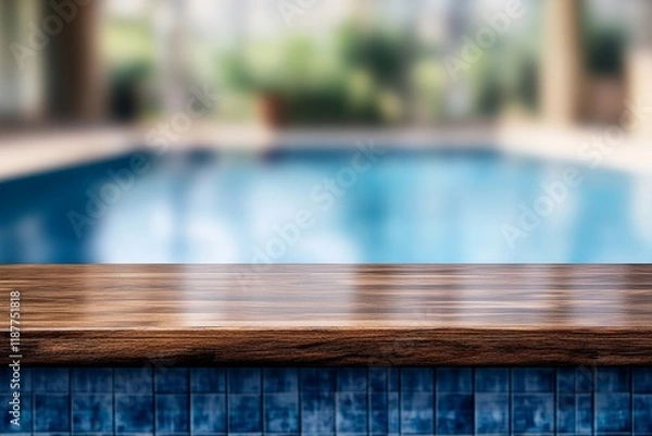 Fototapeta Poolside wooden table, summer resort background