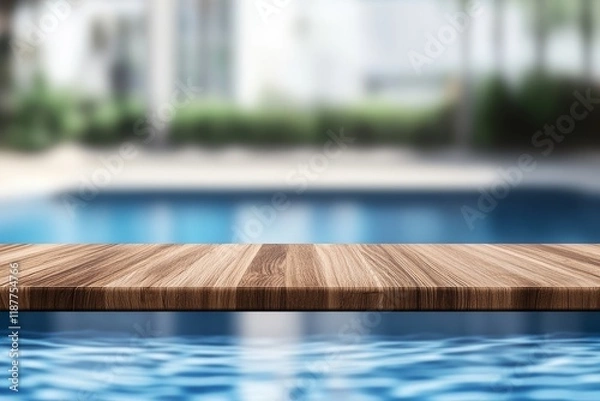 Fototapeta Wooden table top poolside; resort background; product display