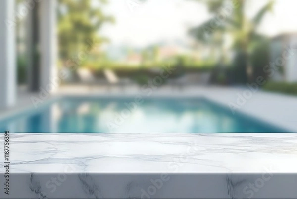 Fototapeta Marble table, poolside, tropical view, summer, display