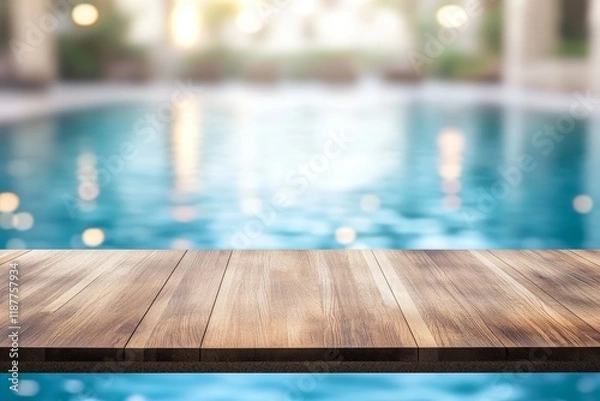 Fototapeta Wooden table, poolside, bokeh background, resort, summer