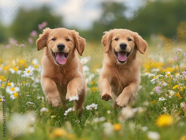 Fototapeta Adorable Golden Retriever Puppies Playing in a Field of Flowers | A heartwarming scene of golden retriever puppies joyfully playing in a vibrant field of flowers |