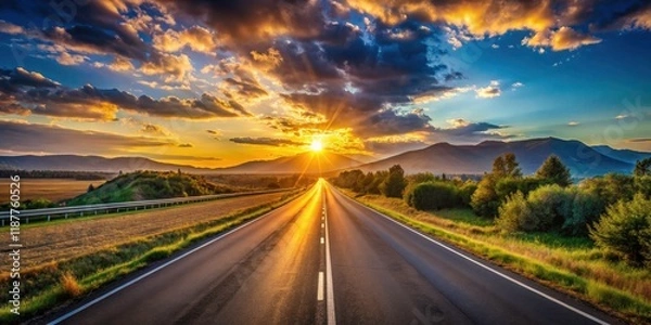 Fototapeta Stunning sunset paints the sky above a winding road, capturing the essence of scenic travel photography.