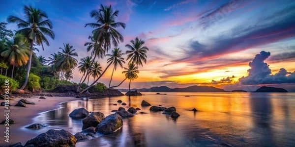 Fototapeta Low Light Photography of Thailand's Koh Mak Beach at Sunset - Serene Tropical Landscape, Vibrant Colors, Calm Waters, Scenic Evening Views
