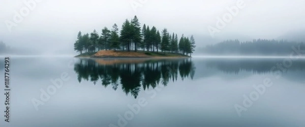 Fototapeta Misty Island Reflection on a Calm Lake