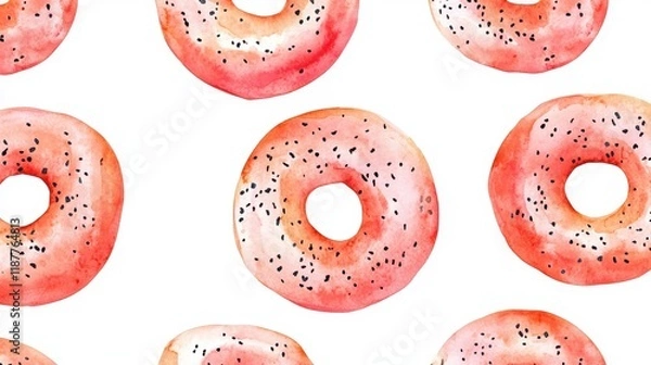 Fototapeta Watercolor of Freshly baked Delicious Smoked Salmon Bagel with tomato,salad,bagel sandwich in bakery shop,New York style bagels,Homemade freshly plain,onion bagels,space for text.Selective focus.