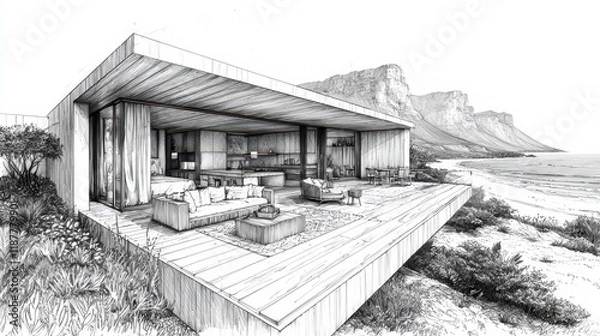 Fototapeta Architectural sketch of modern coastal house with ocean view.