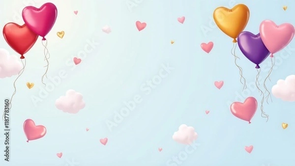 Fototapeta Heart-shaped balloons in bright colors with white ribbons against a sky-blue background. A festive and playful Valentine’s Day pattern.