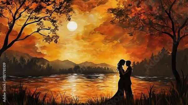 Fototapeta Silhouette of a couple embracing by a river as the sun sets