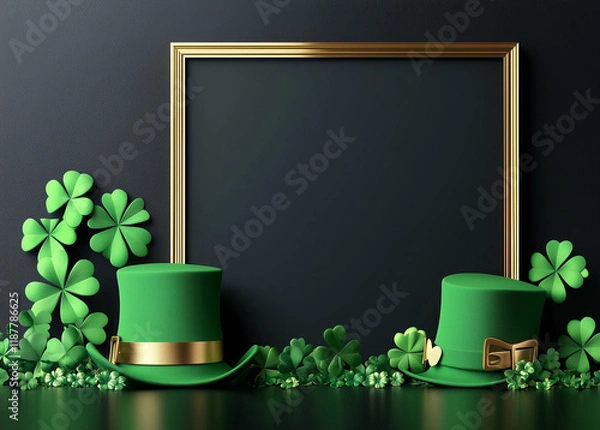 Fototapeta 3D rendering of a St. Patrick's Day frame with clovers and green hats on a dark background. Stock photo contest winner, gold square picture frames, green hat decoration