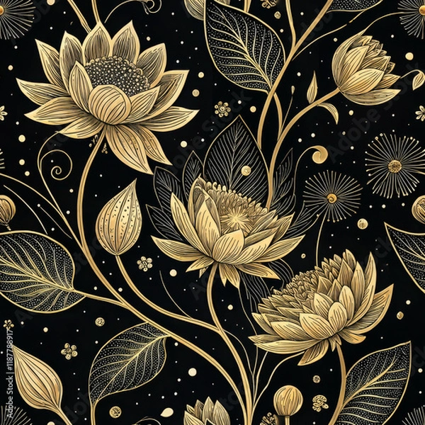 Obraz Seamless Golden Lotus Floral Pattern on Black Background