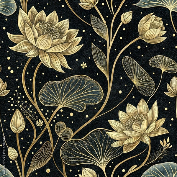 Obraz Seamless Golden Lotus Floral Pattern on Black Background