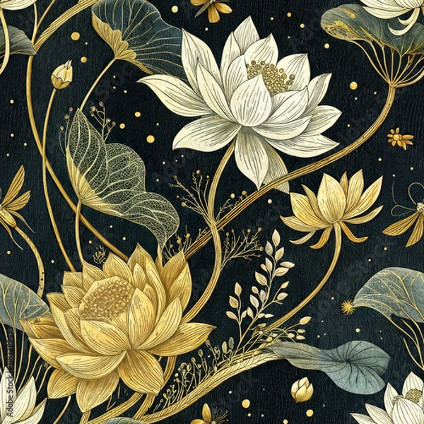 Obraz Seamless Golden Lotus Floral Pattern on Black Background