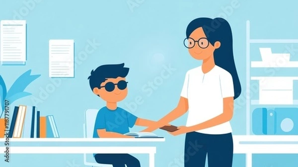 Fototapeta Illustration of a teacher interacting with a student in a classroom setting, highlighting education, engagement, and technology in a colorful and modern environment.