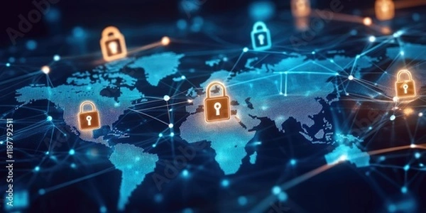 Fototapeta Encrypted data is transferred between global servers, demonstrating cyber protection alongside a digital world map in blue hues.