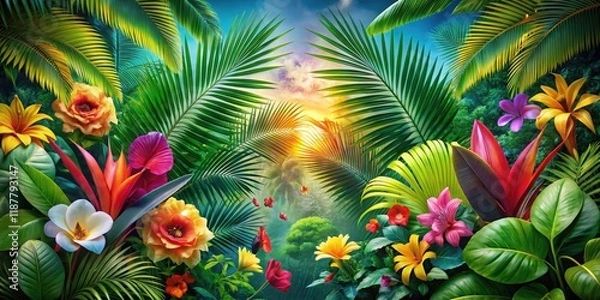Fototapeta Tropical Sign Double Exposure Photography with Lush Foliage and Vibrant Colors, Ideal for Travel and Nature Themes, Capture the Essence of Tropical Paradise Environments and Adventures