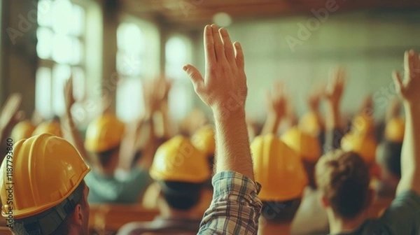 Fototapeta A crowd of construction workers wearing helmets raises their hands, likely participating in a discussion or training session.