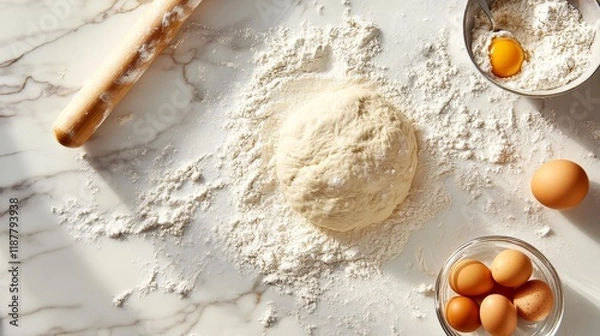 Fototapeta Preparing dough on a floured marble surface with eggs and rolling pin