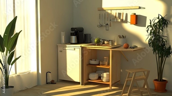 Fototapeta A functional Scandinavian kitchen setup with a compact wooden commode.