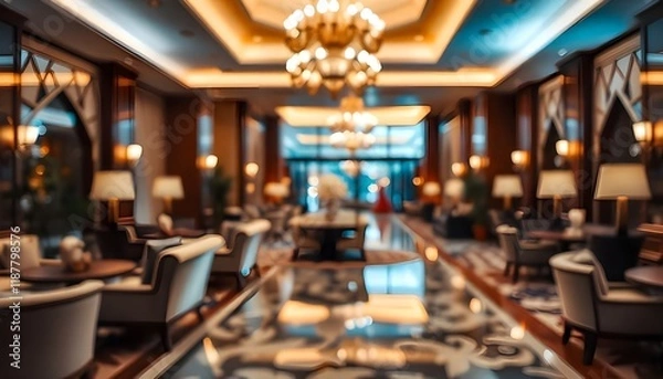 Fototapeta A luxury hotel interior with elegant decor, highlighted by soft blurred bokeh lighting, creating a warm and inviting ambiance, perfect as a design backdrop