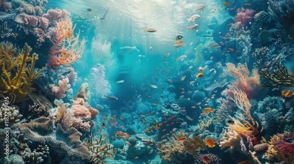 Fototapeta a dreamy underwater kingdom teeming with marine life, white space in the center of the page for text, soft and ethereal hues against a backdrop of ocean blue