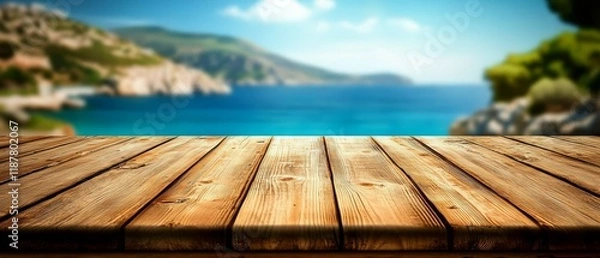 Fototapeta Vacational Escape: A Seaside Perspective on a Wooden Surface