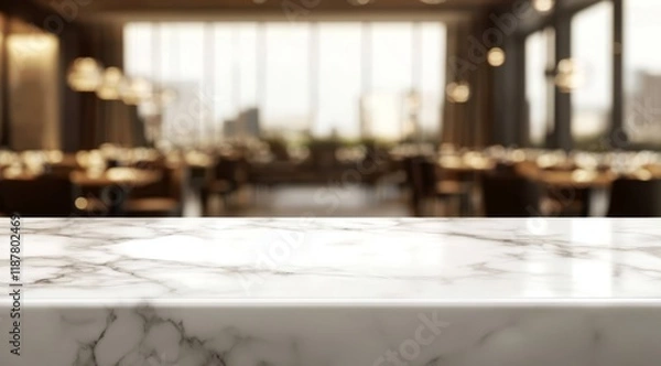 Obraz Elegant white marble table top with a bokeh restaurant backdrop.