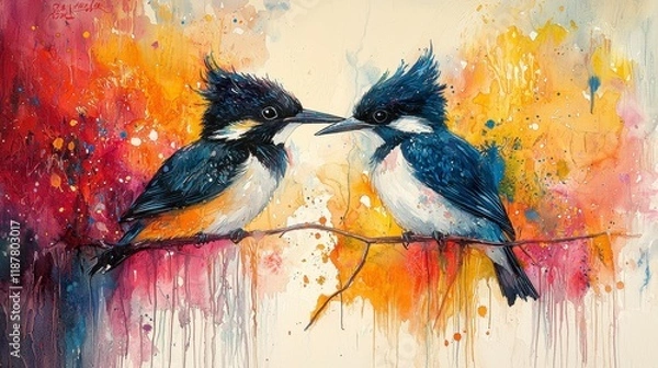 Obraz Two colorful birds perched on a branch, facing each other against a vibrant watercolor background.