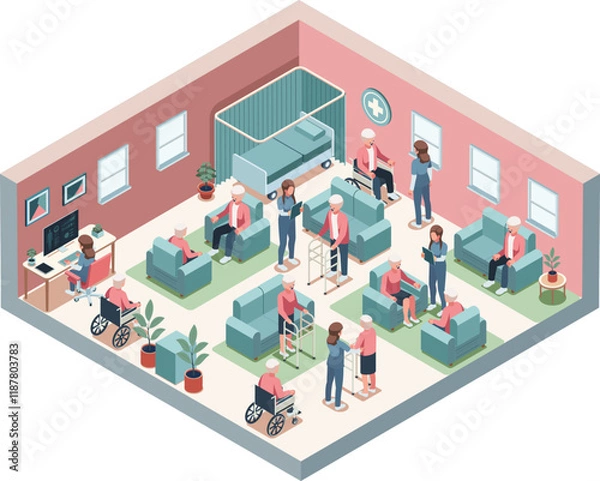 Obraz Isometric Elderly Care Facility with Caregivers Assisting