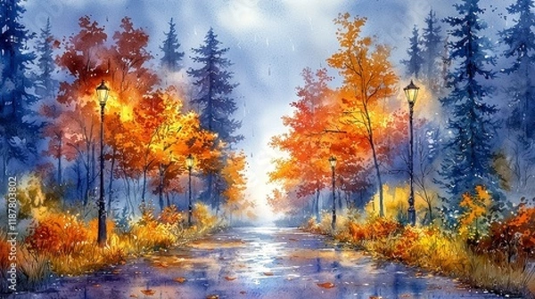 Fototapeta Autumnal path with lampposts, colorful leaves, and misty atmosphere.