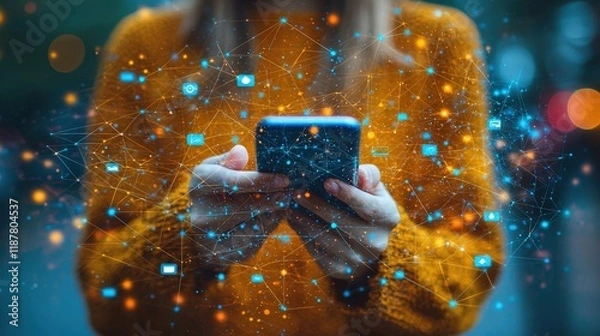 Fototapeta A person uses a smartphone with a network of interconnected icons showcasing diverse app functionalities and data connectivity. Ideal for visualizing mobile app ecosystems or digital platforms.
