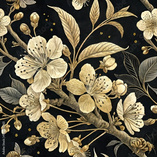 Obraz Golden Cherry Blossom Seamless Pattern (Sakura) on Black Background