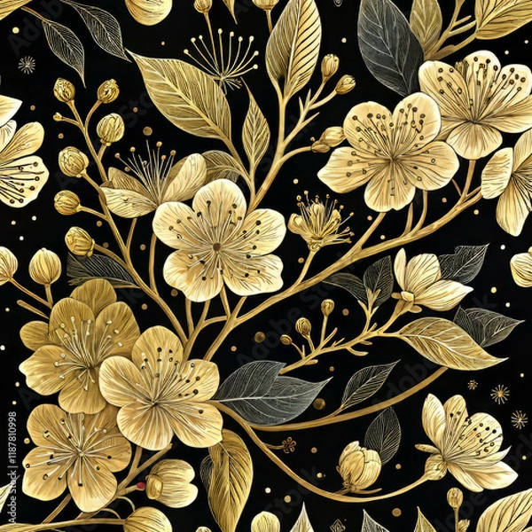 Obraz Golden Cherry Blossom Seamless Pattern (Sakura) on Black Background