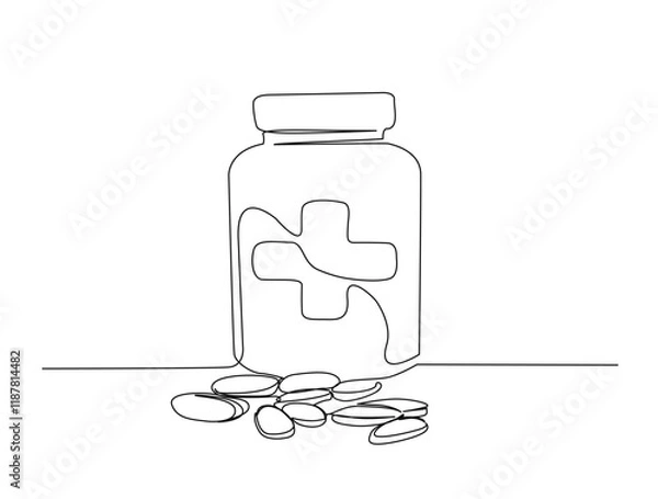 Fototapeta Continuous one line drawing of medicine tablet and pill. Medical drugs, vitamins, pharmacy in single line draw vector illustration. Editable stroke.
