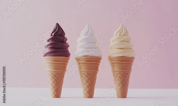 Fototapeta Three ice cream cones; chocolate, vanilla, and yellow.