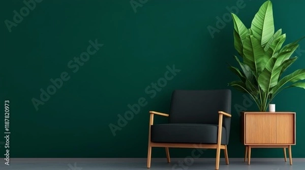 Fototapeta A modern living space featuring a green wall, a stylish chair, and a decorative plant.