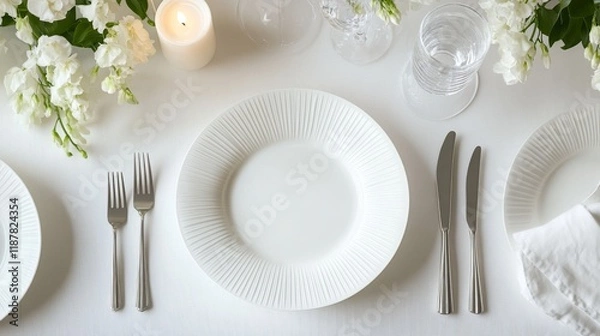 Obraz minimalist scandinavian table setting, pure white plates, sleek metallic flatware, fresh white delphiniums, ribbed glass votive candle, wine goblets, pale neutral surface, ethereal light, aerial view