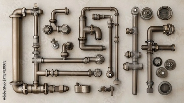 Obraz Elegant pipe and valve system featuring brushed metal and smooth contours, arranged artistically and set against a clean, neutral backdrop