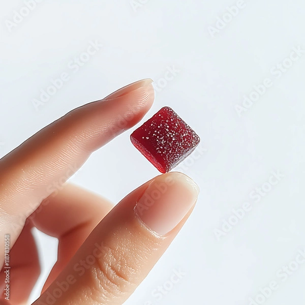 Obraz person holding small red gummy candy with shiny surface, showcasing its texture and color. image captures delicacy and sweetness of treat