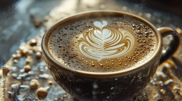 Fototapeta Close up on coffee latte art on wooden table
