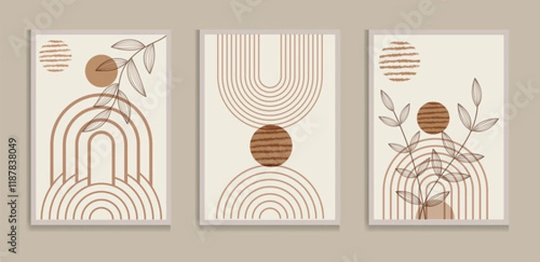 Fototapeta Botanical green wall art vector set. Boho foliage line art drawing with abstract shape. Abstract Plant Art design for print, cover, wallpaper, Minimal and natural wall art.