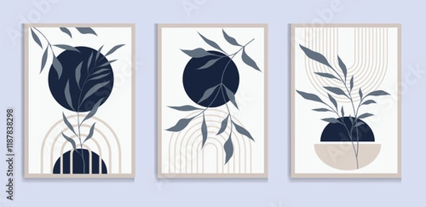 Fototapeta Botanical green wall art vector set. Boho foliage line art drawing with abstract shape. Abstract Plant Art design for print, cover, wallpaper, Minimal and natural wall art.