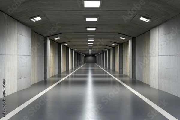 Fototapeta Modern concrete corridor with symmetrical lighting, showcasing a sleek minimalist design, and smooth reflective flooring, evoking a sense of depth and spaciousness