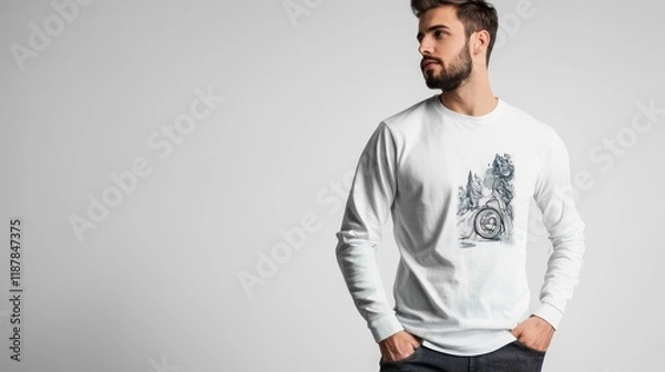 Obraz Man Wearing Sweatshirt with Nature-Inspired Design