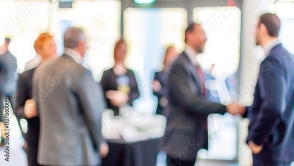 Fototapeta Professional Meet-and-Greet Blur – A soft-focus image of a professional meet-and-greet event with business people networking.	
