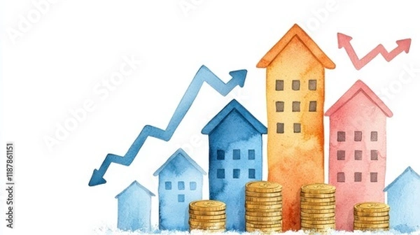 Fototapeta Colorful Watercolor Illustration of Houses and Coins Representing Real Estate Growth and Investment