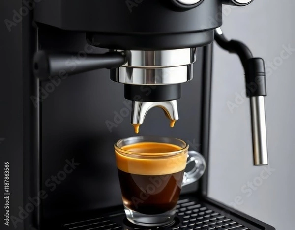 Fototapeta Close-up of a modern, black espresso machine dispensing a rich espresso shot into a small glass cup.
