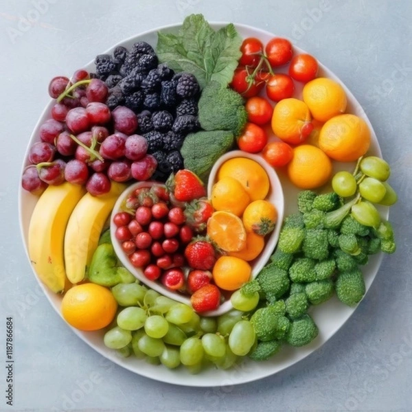 Fototapeta Colorful Fruit Platter on White Ceramic filled with Fresh Fruits and Vegetables, Grapes, Berries, Citrus, and Greens on Grey Background.