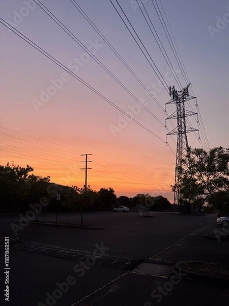 Fototapeta power lines at sunset