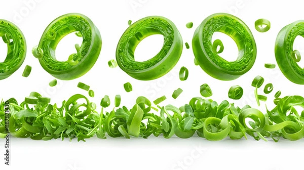 Obraz Flying Green Onion Rings and Chopped Pieces Against White Background for Food Packaging Design
